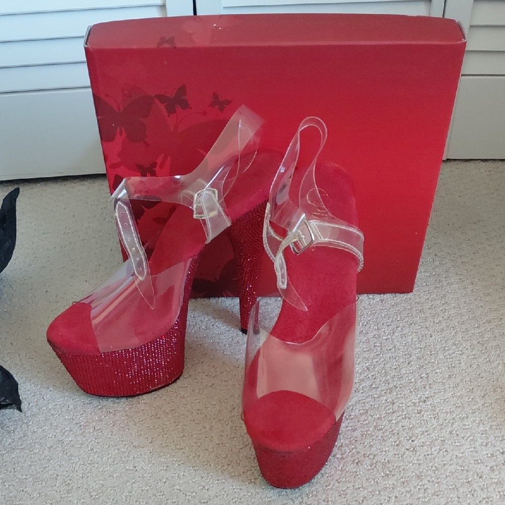 Pleaser Red Platform Peep-Toe Heels with Clear Straps